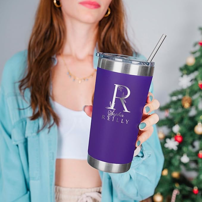 Be Burgundy Personalized Tumbler with Engraved Name - 12 Designs, 20 Oz Coffee Tumbler with Slider Lid, Purple, Double Wall Insulated - Gift for Mom, Women, Personalized Birthday Gift for Her