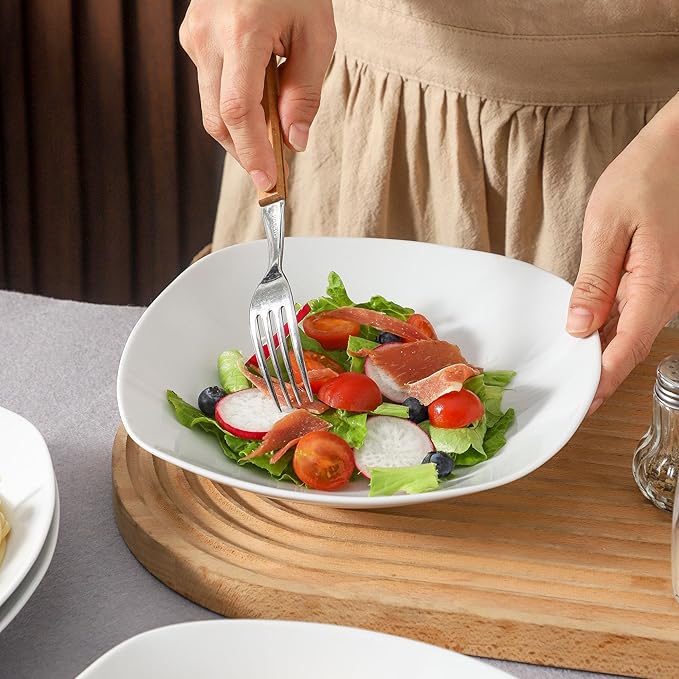 fMBB Ceramic Large Soup Bowls, 8.6 Inches, Modern 4-Piece Deep Salad Plates Set, Porcelain Square Plates, for Fruit, Cereal, Dessert, Snack - White