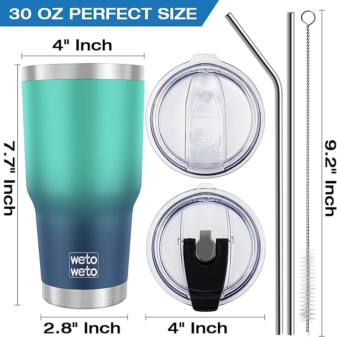 WETOWETO 30 oz Tumbler with 2 Straws and 2 Lids, Stainless Steel Insulated Vacuum Coffee Tumbler Cup, Double Wall Leakproof Travel Mug (Green-Blue Gradient, 1 Pack)