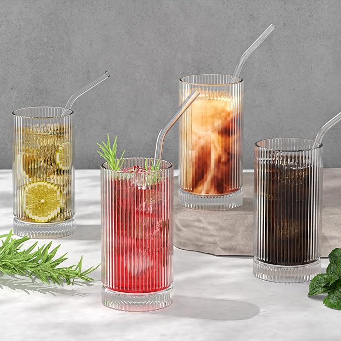 15 Oz Glass Cups with Straws, Vintage Glassware for Whiskey Cocktail Beer, Iced Coffee Cups and Drinking Glassare (2 PACK