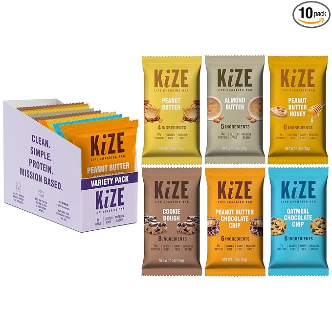 KiZE Energy Bars - Best Sellers Variety Pack - Gluten Free, Dairy Free Options, Non-GMO, and High Protein Meal Replacement Energy Bars, Clean and Simple Food Ingredients - 7-10g High Protein Snacks, (10 Count)