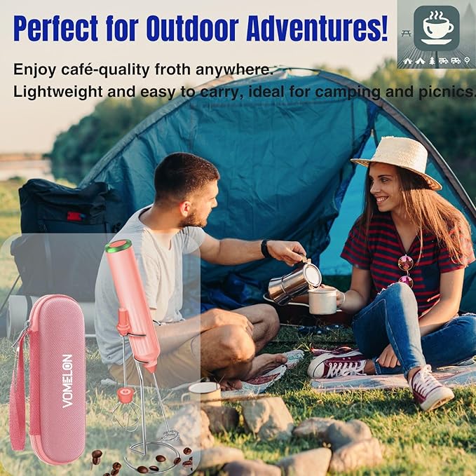 Milk Frother Handheld with 3 Stainless Steel Whisks, Rechargeable Electric Drink Mixer with Stand & Travel Case, Milk Foamer for Coffee, Latte, Cappuccino, Hot Chocolate, Egg,Jam Supplement-Pink