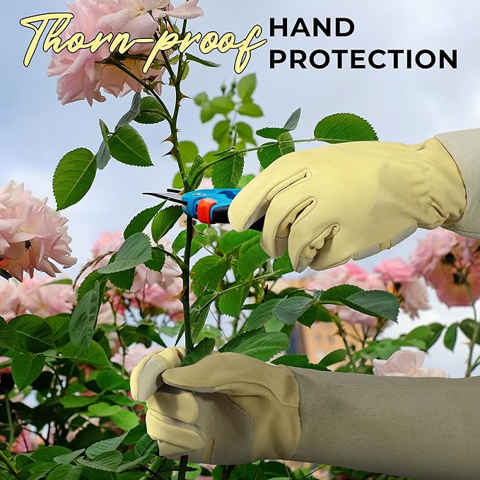 HANDLANDY Rose Pruning Gardening Gloves for Men Women, Thorn Proof Forearm Protection Leather Garden Gloves, Gardening Gifts for Gardeners (Beige- Goatskin, X-Large (Pack of 1))