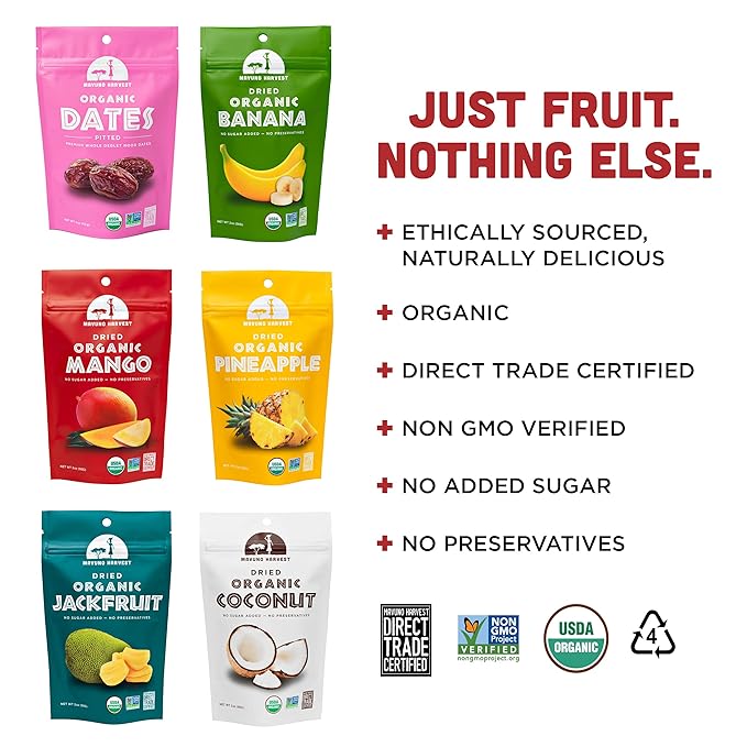 Mavuno Harvest Organic Dried Fruit Variety Pack | Dried Mango, Dates, Pineapple, Banana, Jackfruit, & Coconut | Healthy, Vegan, No Sugar Added, Non GMO Snacks for Kids & Adults | 2 Ounce, 6 Pack