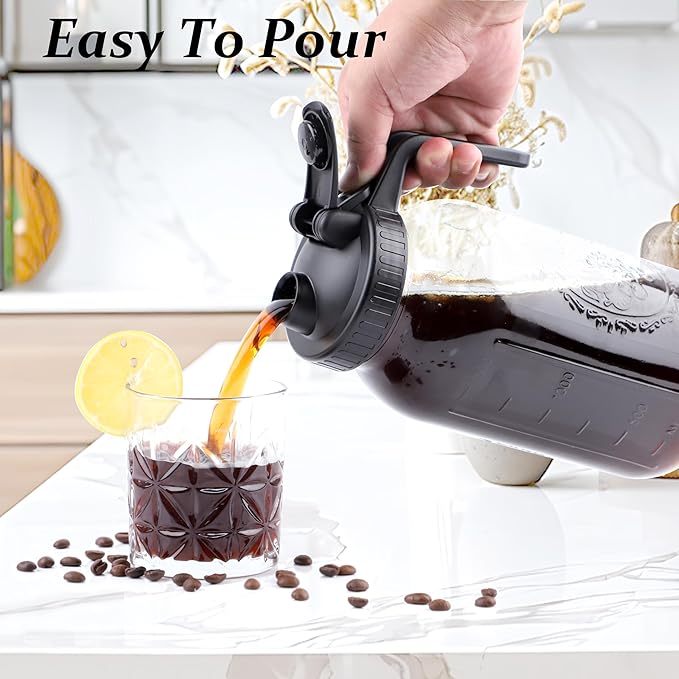 Cold Brew Coffee Maker 64 Oz Mason Jar Iced Coffee Maker 2 Set Half Gallon Glass Pitcher With Pour Spout Lids 2 Quart Wide Mouth Cold Brew Pitcher With Strainer For Fridge, Lemonade, Cold Brew, Milk