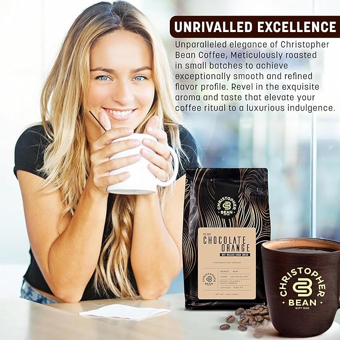 Christopher Bean Coffee - Certified Kosher - Decaf Ground Universal Drip Chocolate Orange Flavored Coffee with Medium Roast | Chocolate Orange Coffee No Sugar with 100% Arabica, No Fats, Non-GMO | 10-Ounce