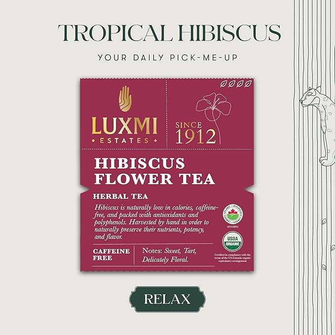 Luxmi Estates - Pure Hibiscus Herbal - Organic Hibiscus Tea - Loose Leaf - 250g (125 cups) | With Organic Hibiscus Flowers | Single Ingredient | Helps with Blood Pressure and Imrpove Heart Health