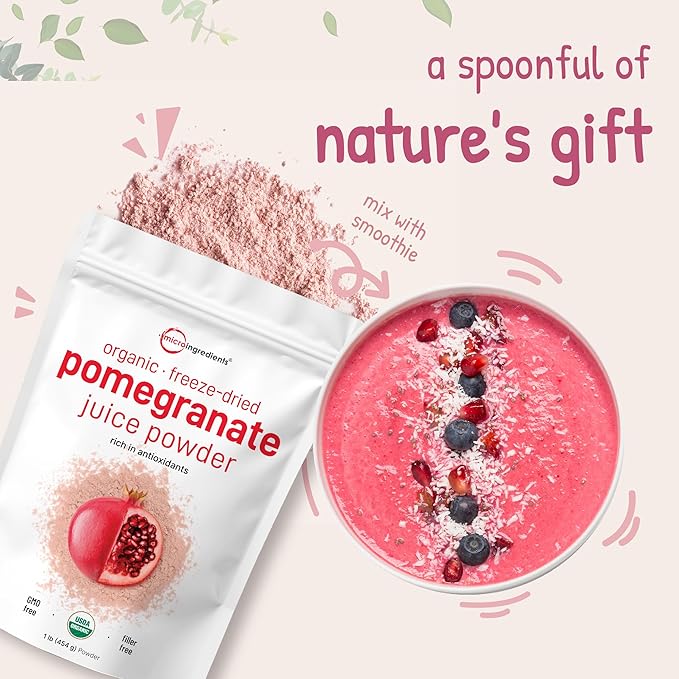 Organic Pomegranate Juice Powder, 1 Pound | 100% Natural Fruit Powder | Freeze Dried & Cold Pressed | No Sugar & Additives | Great Flavor for Drinks, Smoothie, & Beverages | Non-GMO & Vegan Friendly