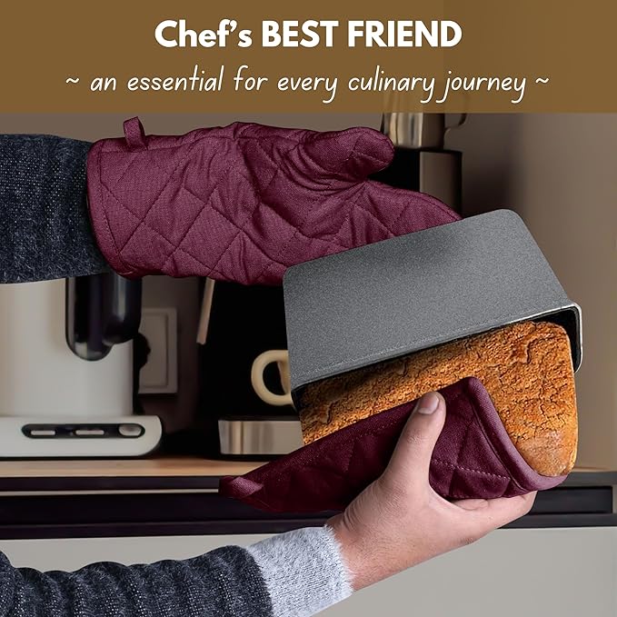 Native Fab 4 Piece Set - 2 Oven Mitts & 2 Potholders, Heat Resistant, 100% Cotton, Quilted Design, Non-Slip Grip, Machine Washable, Ideal for Baking, Cooking, BBQ, Kitchen Protection - Burgundy Wine