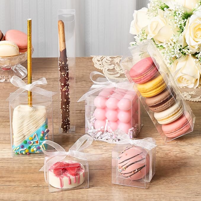 100 Pack 2x2x2 Inches Clear Favor Boxes with Ribbons, Mini Transparent Cube Treat Boxes for Candy & Chocolate Bomb, Plastic Individual Macaron Packaging Box for 2