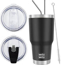 WETOWETO 30 oz Insulated Tumbler With 2 Lids and 2 Straws, Stainless Steel Double Vacuum Coffee Tumbler Cup, Powder Coated Travel Mug for Home, Office, Travel, Party (Black, 1 Pack)