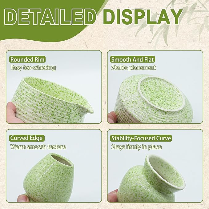 BEWOS 8 Pcs Matcha Whisk Set - 18OZ Ceramic Bowl with Spout, Matcha Sifter, Matcha Whisk Holder & Bamboo Matcha Whisk | Matcha Scoop, Complete Japanese Tea Ceremony Kit for Matcha Lover(Mottled Green)