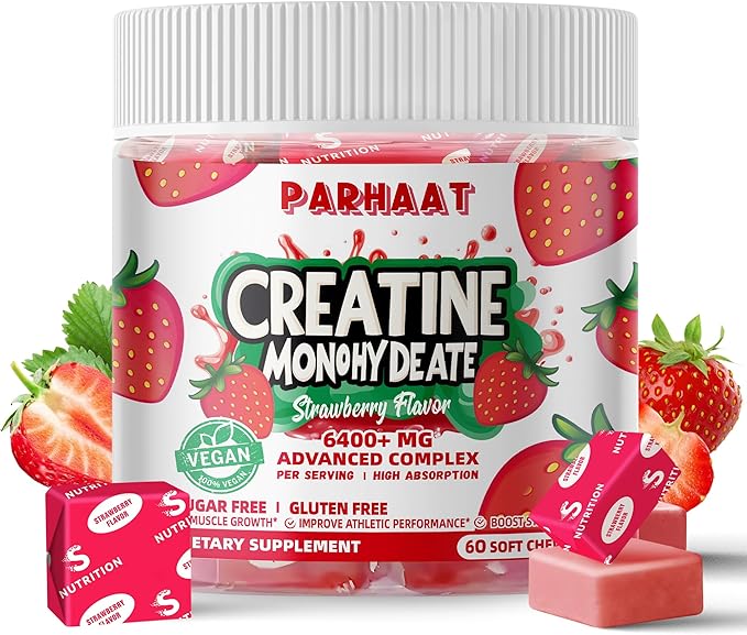 Creatine Monohydrate Chews Complex 6400mg for Men & Women -Advanced Formula W/L-Taurine + Vitamin B12, Sugar Free Chewable Supplement,60 Strawberry Softchews