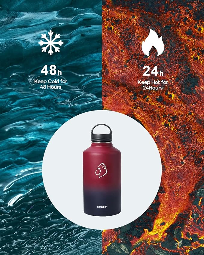 BUZIO 64 oz Water Bottle Insulated with Straw & 3 lid and Carrying Pouch, Leak Proof Half Gallon Stainless Steel Water Flask Jug, Cold for 48 Hrs Double Vacuum Thermo Canteen, BPA-Free, Ruby Red Navy