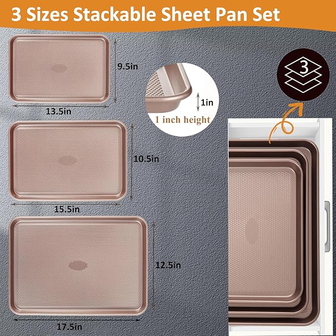 SS&CC Nonstick Baking Sheet Pan Set of 3, 0.8mm Carbon Steel Cookie Sheets for Oven - Half/Quarter/Jelly Roll Pans with Diamond Texture, PFOA-Free & Oven Safe (17.5x12, 15.5x10.2, 13.5x9.5 Inch)
