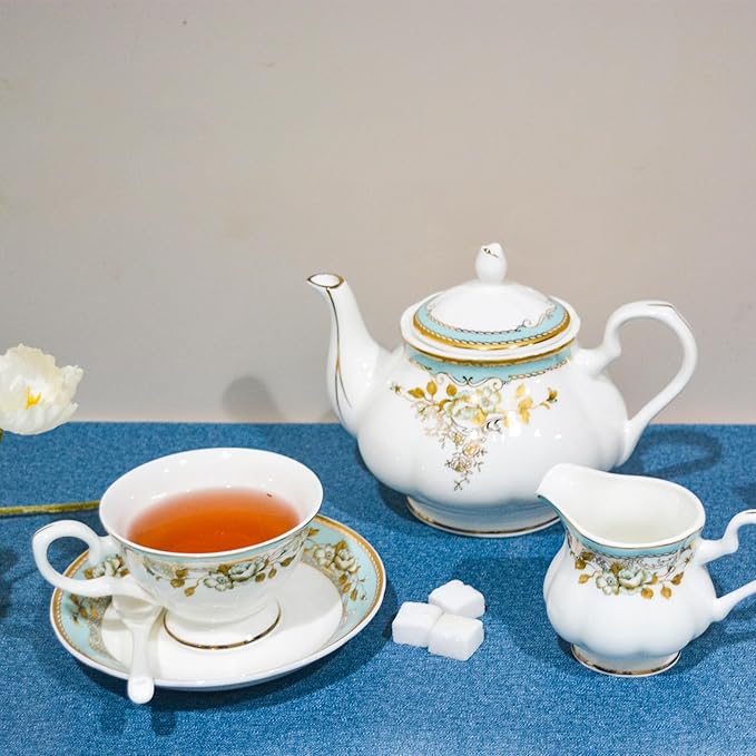 Bone China Tea Set, 21-Pieces Porcelain Tea Set for Adults, Tea Cups And Saucers for 6, with Teapot, Spoons, Sugar Bowl, Creamer Pitcher, Vintage Tea Set for Women Tea Party (Green)