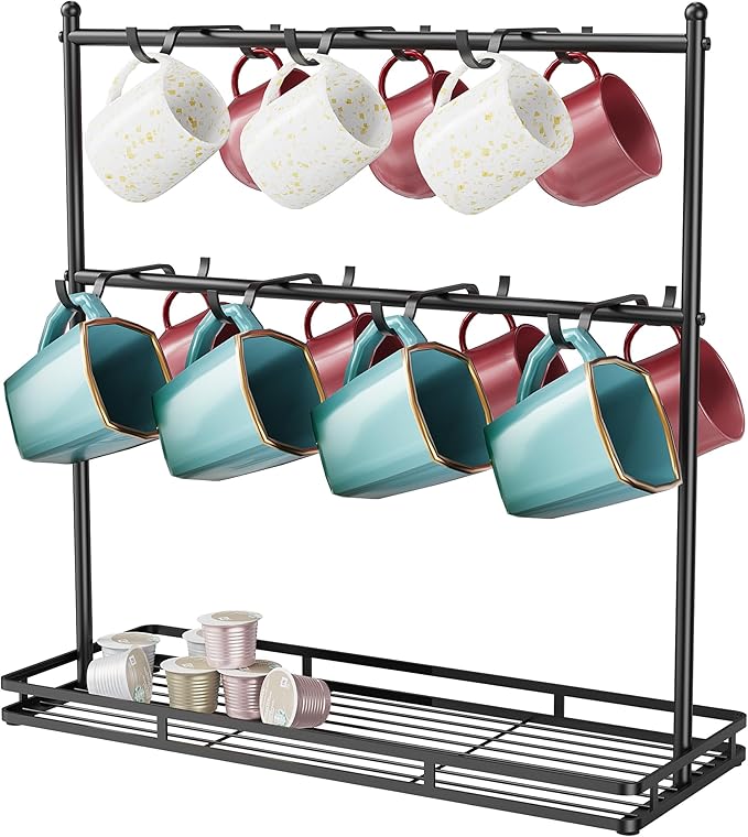 OROPY Coffee Mug Holder for Countertop, 14-Hook Mug Tree Rack for 14 Cups, 2 Tier Mug Display Stand with Heavy Duty Metal Base