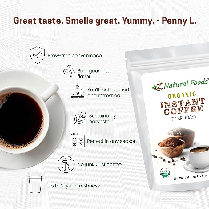 Z Natural Foods Organic Instant Coffee Powder - Rich Dark Roast Flavor, Arabica Instant Espresso Powder with Antioxidants to Boost Energy, Mood & Focus - Gourmet Coffee in Resealable Bag, 8 oz