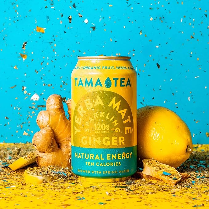 Sparkling Ginger Yerba Mate by Tama Tea - Unsweetened Natural Energy Drink with Real Fruit & Herbs - Healthy Caffeine Drink Alternative - 120mg of Brain-Boosting Caffeine, 10 Calories - 12oz Pack of 12