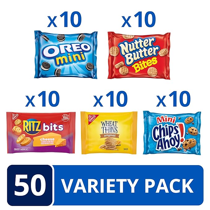 OREO Mini Cookies, Mini CHIPS AHOY! Cookies, RITZ Bits Cheese Crackers, Nutter Butter Bites & Wheat Thins Crackers, Nabisco Cookie & Cracker Variety Pack, 50 Snack Packs