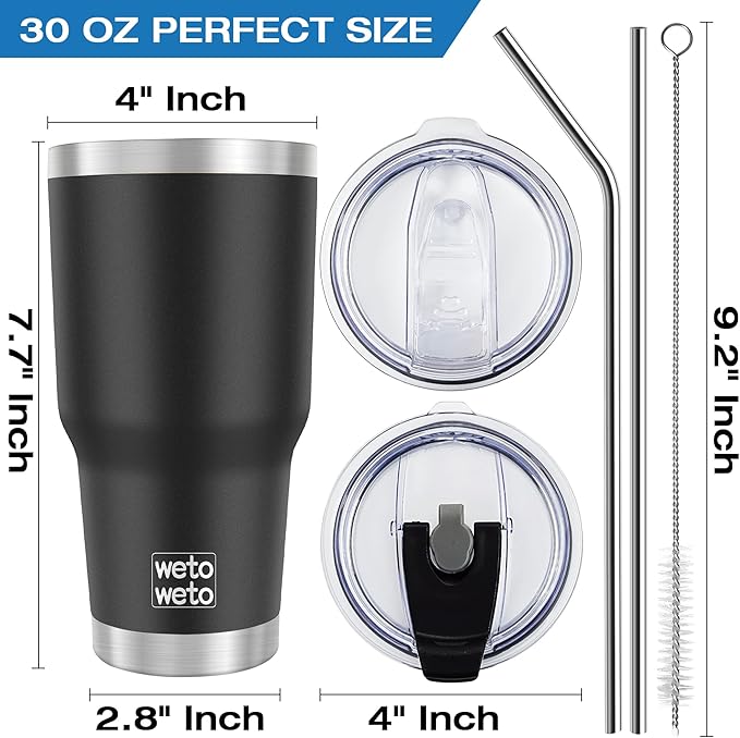 WETOWETO 30 oz Insulated Tumbler With 2 Lids and 2 Straws, Stainless Steel Double Vacuum Coffee Tumbler Cup, Powder Coated Travel Mug for Home, Office, Travel, Party (Black, 1 Pack)