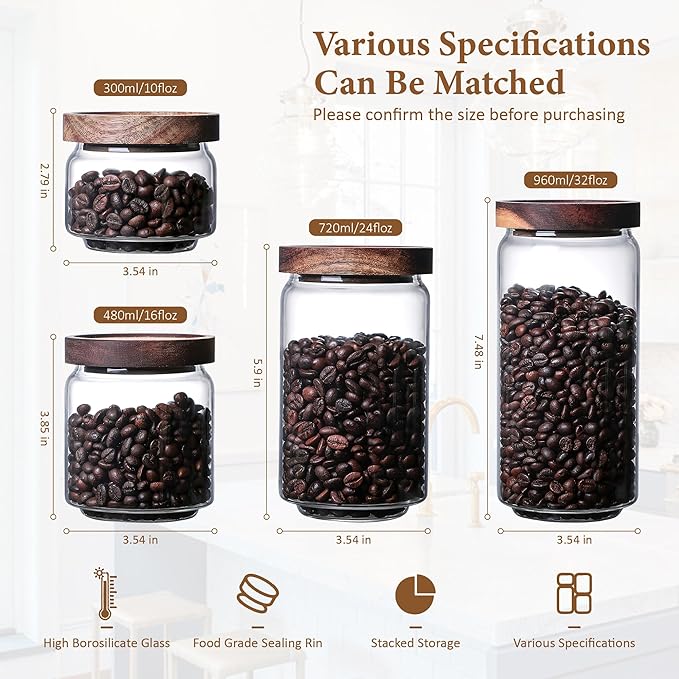 720ML/24Oz Clear Cute Glass Storage Canister Holder with Stackable Airtight Wood Lid, Modern Decorative Container Jar for Coffee, Spice, Candy, Salt, Cookie, Condiment, Pepper, Sugar