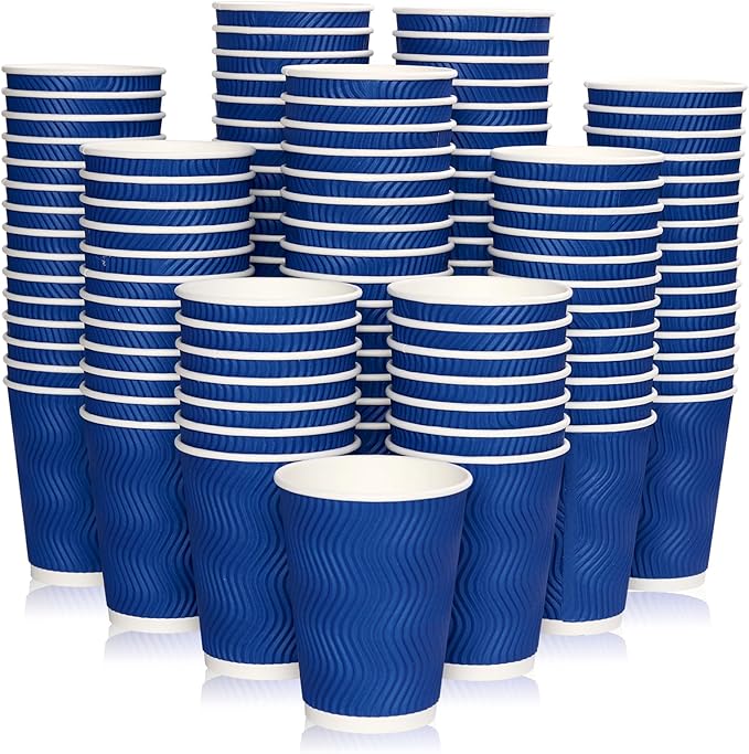 JollyPack 120 Pack 12 oz Paper Coffee Cups, Blue Disposable Beverage Cups with Insulated Ripple Wall for Hot or Cold Drinks