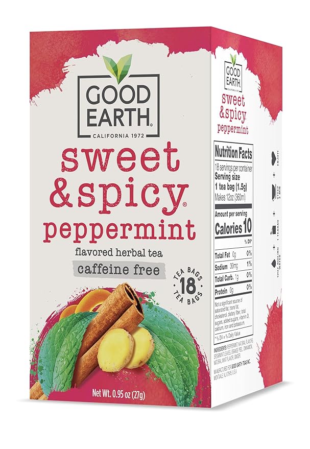 Good Earth Sweet & Spicy, Caffeine Free Peppermint Herbal Tea, Black 18 Tea Bags (Pack of 6)