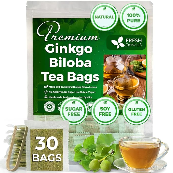 FreshDrinkUS, Premium 30 Ginkgo Biloba Leaf Tea Bags, 100% Natural & Pure from Ginkgo Biloba Leaves. Loose Leaf Herbal Tea. Made with Eco-Conscious Tea Bags. No Sugar, No Caffeine, No Gluten, Vegan.