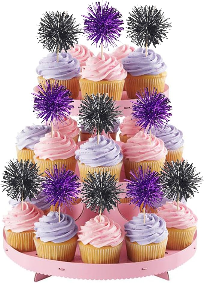 40 PCS Foil Firework Cupcake Toppers Sparkle Tinsel Cupcake Picks Fireworks Birthday Party Decorations Cocktail Fruit Toothpick for Birthday Wedding Graduation Party Decorations Supplies Black Purple