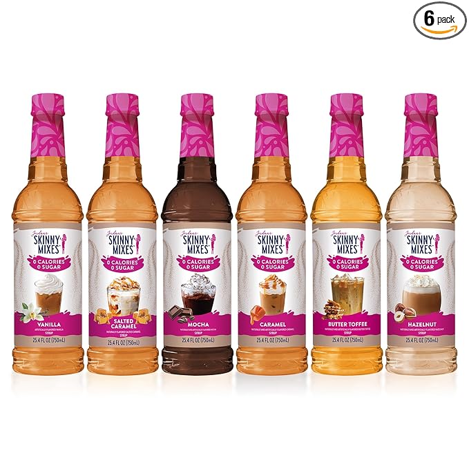 Jordan's Skinny Syrups Sugar Free Coffee Syrup, Vanilla, Salted Caramel, Hazelnut, Mocha, Butter Toffee, and Caramel Syrups, Zero Calorie Flavoring, 25.4 Fl Oz (Pack of 6), Sampler Variety Pack