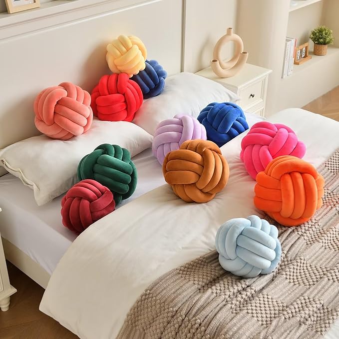 Decorative Throw Knot Pillow Ball for Home Chair Sofa Couch Bed Aesthetic Round Velvet Knotted Pillow Cushion (Orange, 8 inches)