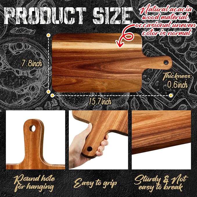 Nuenen 50 Pcs Wood Cutting Board with Handle 15.7 x 7.8 Inch Acacia Bamboo Wooden Serving Kitchen Chopping Boards for Pizza, Bread, Cheese, Charcuterie, Fruit, Vegetables (Acacia)
