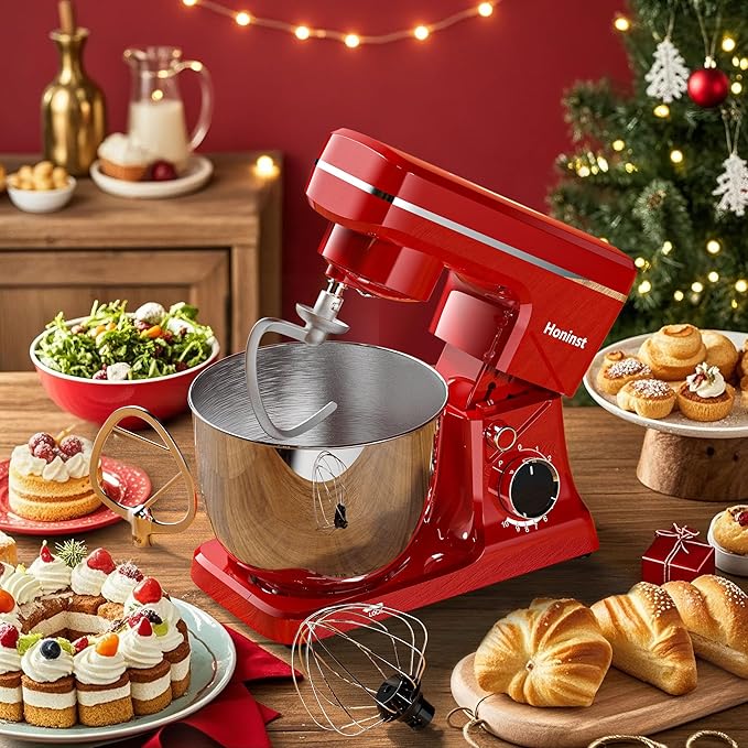 10-Speed Stand Mixer with 8-in-1 Splash Guard, Tilt-Head, 6QT Stainless Steel Bowl + Dishwasher-Safe Dough Hook/Whisk/Beater/Spatula for Baking Bread, Cakes, Cookies, Red