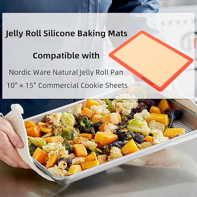 AMYONE Silicone Baking Mat for Jelly Roll Pan, Non-Stick Silicone Baking Sheet Liners Compatible with Nordic Ware Naturals Jelly Roll Pans, 2 Pcs Food Grade Baking Mats for 10 x 15-inch Swiss Roll Pan