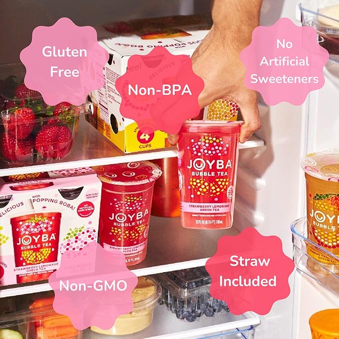 Joyba Bubble Tea Strawberry Lemonade Green Tea, 4 Pack, 12 fl. oz. Cups