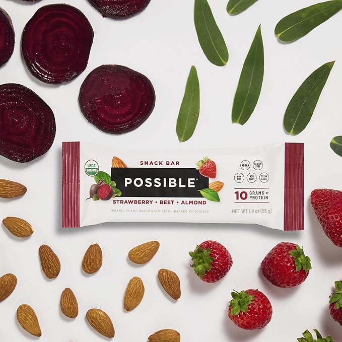 POSSIBLE Snack Bar - Organic Energy Bars with 10g of Plant-Based Protein - Vegan, Gluten-Free, Non-Dairy, USDA Organic - Healthy Fats - Clean Label - 1 Box, 12 Servings - Strawberry Beet Almond