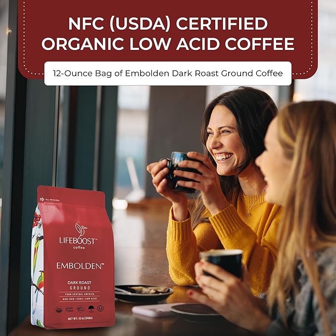 Lifeboost Dark Roast Ground Coffee - Non-GMO Low Acid Single Origin USDA Organic Dark Roast Coffee - Third Party Tested For Mycotoxins & Pesticides - 12 Ounces