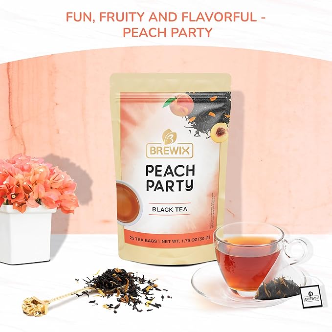 BREWIX, Peach Black Tea (25 Pyramid Bags) | Premium Black Tea with Peach | Floral & Refreshing | Iced or Hot | Caffeinated And Sugar-Free