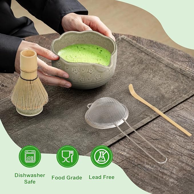 Premium Matcha Whisk Set - 6Pcs Japanese Tea Ceremony Kit with Ceramic Matcha Bowl and Whisk, Bamboo Scoop, Whisk Holder, Stainless Sifter, Birthday Christmas Gift for Matcha Lover