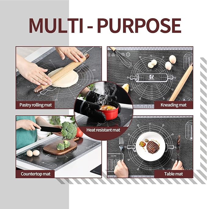 Silicone Pastry Mat Extra Large with Measurements 26''x16'' for Reusable,Non-slip Silicone Baking Mat, Counter, Dough Rolling, Oven Liner,Fondant/Pie Crust (Translucent_Grey, 16''W x 26''L)