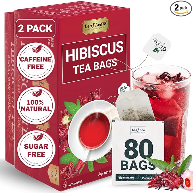 LeafLea 80 Hibiscus Tea Bags, 100% Natural Hibiscus Flowers, Caffeine-Free Herbal Tea, Red Hibiscus Flower Tea Bags, Te de Hibisco Natural, Sugar-Free, Non-GMO, Gluten-Free, Vegan (Pack of 2)