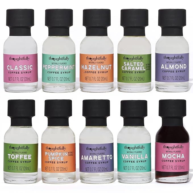 Thoughtfully Gourmet, Coffee Syrup Sampler Gift Set, Syrup Flavors Include Salted Caramel, Vanilla, Mocha, Hazelnut, Pumpkin Spice, & More, Set of 10