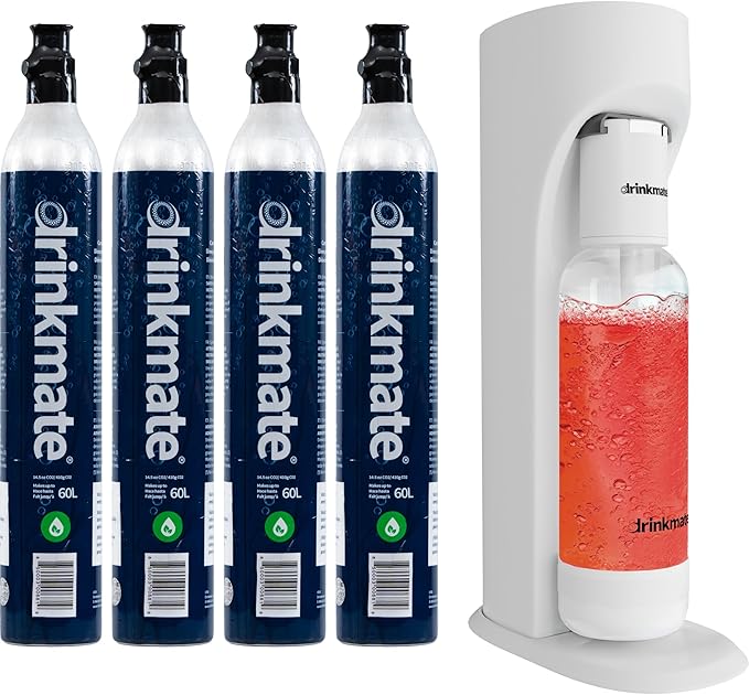 Drinkmate OmniFizz Sparkling Beverage Maker CO2 Bundle - Sparkling Water/Soda Streaming Machine That Carbonates Any Drink - Includes 4 CO2 Cylinders,1 Carbonation Bottle,1 Fizz Infuser - Classic White