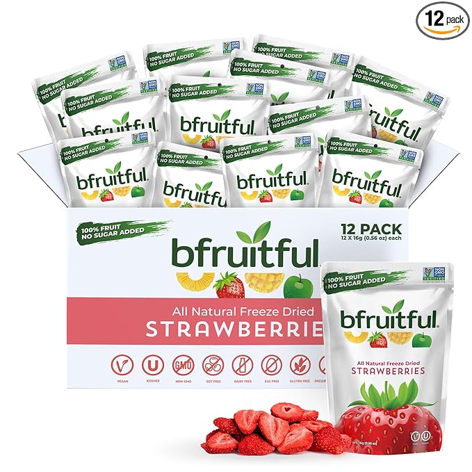 bfruitful Freeze-Dried Strawberries, Freeze Dried Fresh Fruit Bites, Gluten Free, Vegan, Dairy Free, Kosher, No Sugar Added, Non GMO, Healthy Snacks for Kids or Adults, 0.56 oz Single-Serve Snack Packets, 12 Pack