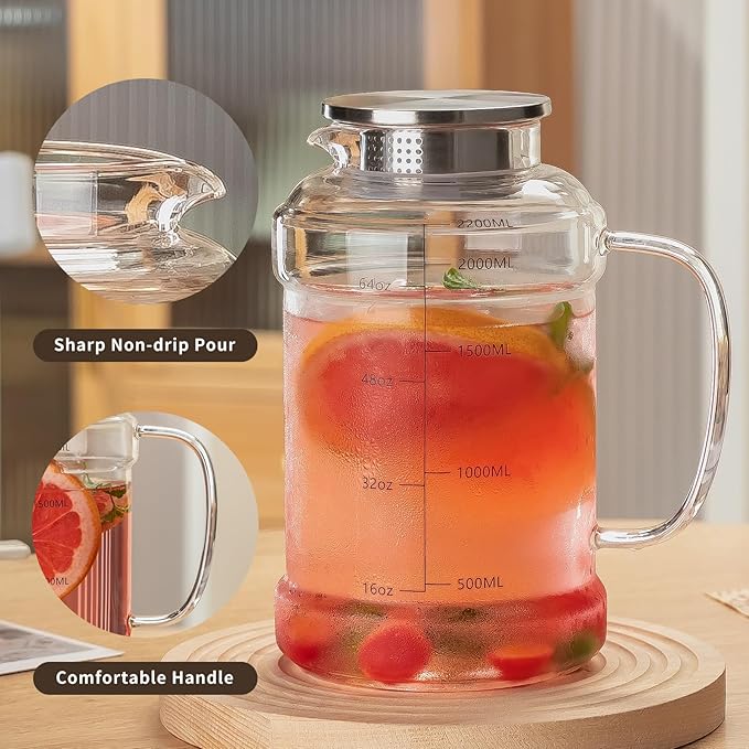 Glass Pitcher with Lid, 2 PACK 74 oz/2.2L Water Pitcher, Clear Borosilicate Glass Water Carafe for Cold Brew, Coffee, Lemonade, Iced SunTea,Beverage, Heat Resistant Water Glass Jug