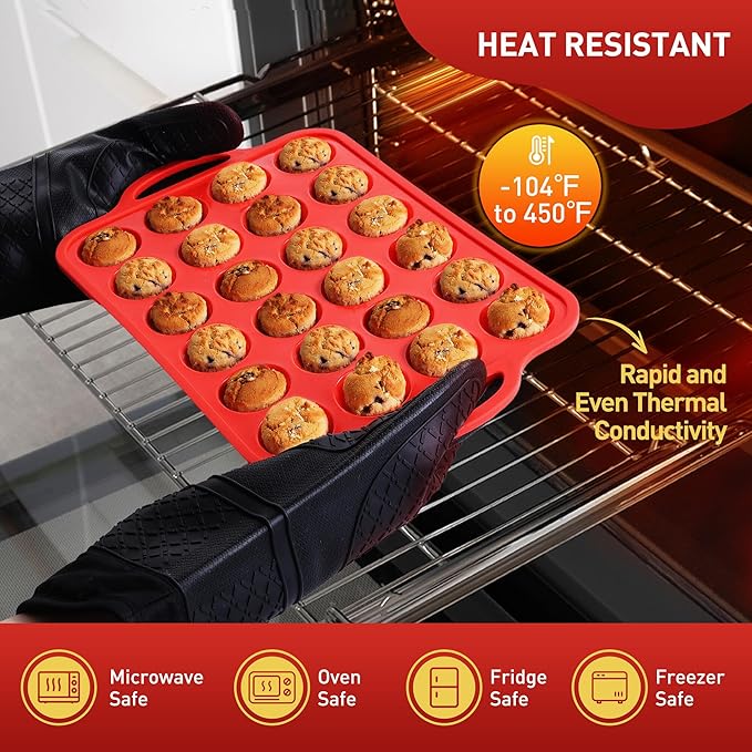 24 Cups Silicone Muffin Pan with Metal Reinforced Frame Mini Size Cupcake Pan Tray Egg Bites Silicone Circle Cookie Molds Muffin Tin Tart Pans Baking Sheet Set for Breakfast Sandwiches Round