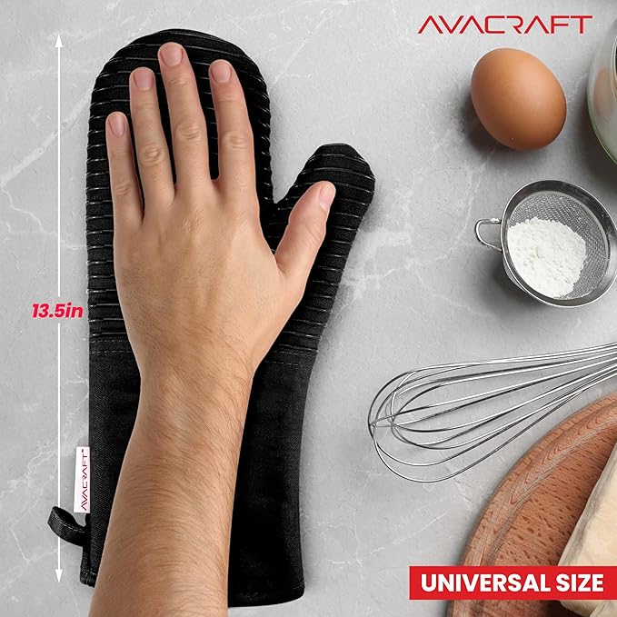 AVACRAFT Oven Mitts Pair, Black - Flexible, 100% Cotton with Unique Heat Resistant Food Grade Silicone, Thick Terry Cloth Interior, 500 F Heat Resistant