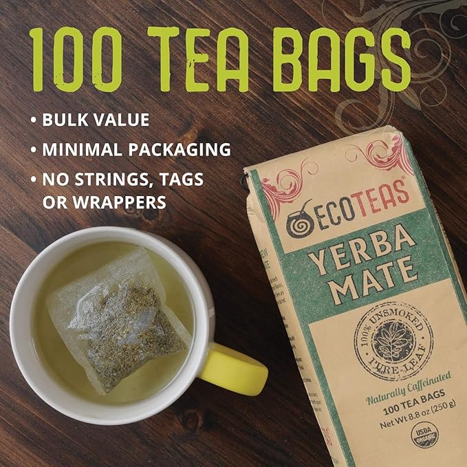ECOTEAS Premium Organic Yerba Mate Tea Bags – Natural Energy & Detox Herbal Tea – Coffee Alternative - Kosher, Non-GMO, Gluten-Free - 100 Unsmoked Bulk Bags, 8.8 oz (Pack of 2)