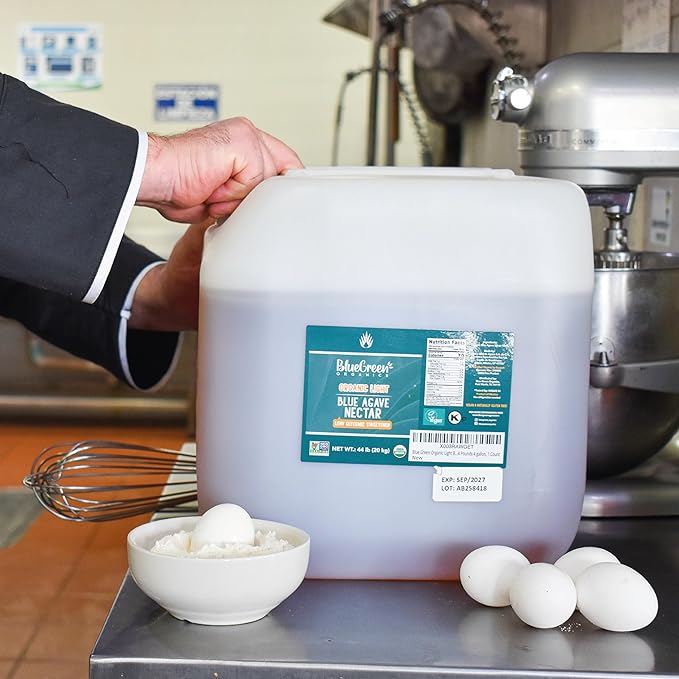 BLUE GREEN ORGANICS, Agave syrup, Agave, Gluten Free, Organic, Sweetener, cakes, coffees, pancakes or any baked good, For restaurants, Sugar substitute Raw, 44 lb, 4 gallon